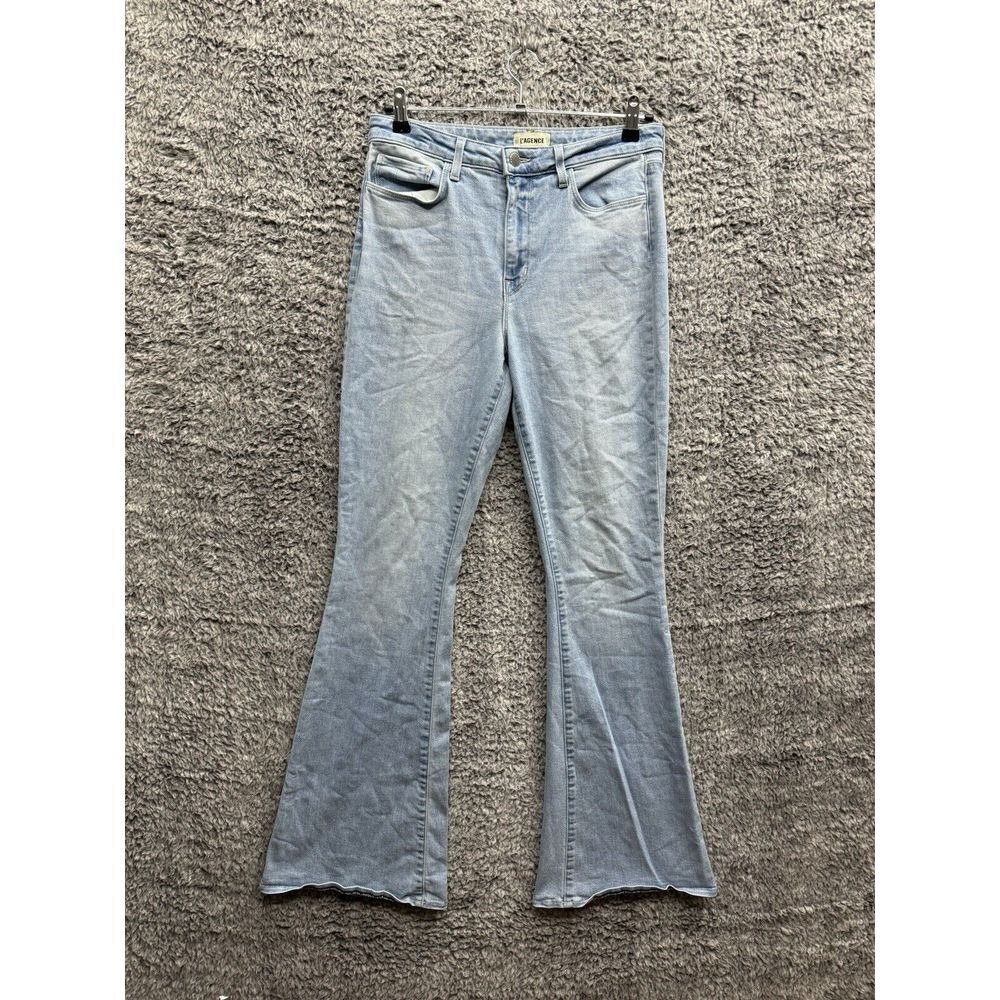 L'Agence Women's 28 High Rise Flare Jeans Light Wash Distressed Coastal Cowgirl